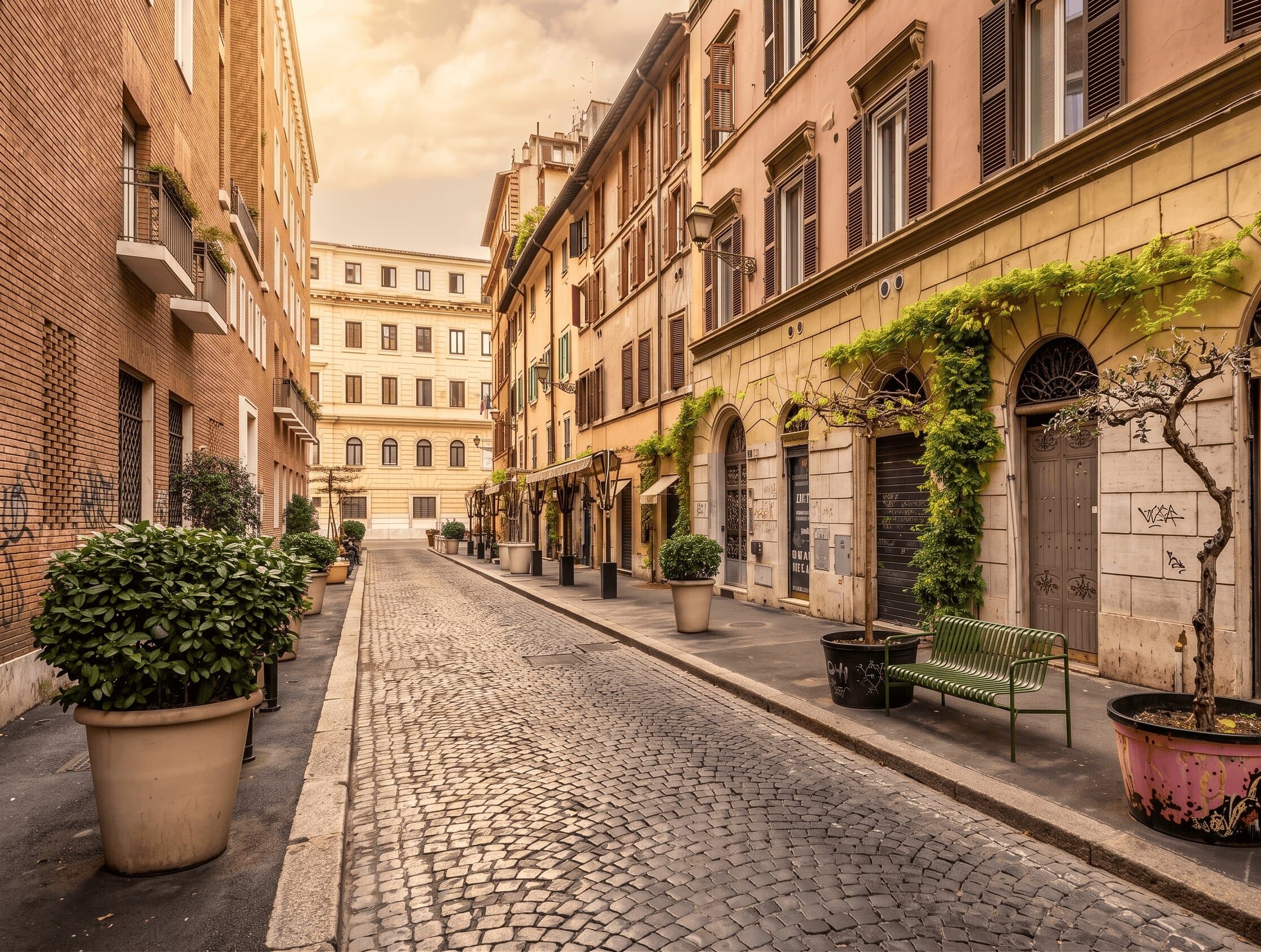 Cobblestone Via della Frezza in the heart of Campo Marzio, Rome